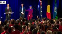 Anthony Albanese (pictured) gave his victory speech standing beside the national, Aboriginal and Torres Strait Islander flags on election night