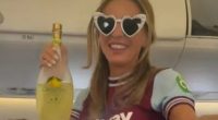 Watch as Dani Dyer dances with booze on her flight to Ibiza as she wears West Ham kit on second hen do ahead of wedding