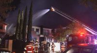 About 30 firefighters worked to extinguish the blaze which engulfed the townhouse (pictured)