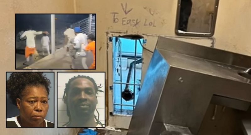 ‘Assisting the fugitives’: Grandma busted helping jail inmate involved in mass escape where prisoners wrote ‘to easy lol’ after cutting hole in cell wall, cops say