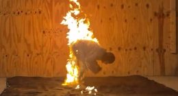 Ryan Luney pictured completing his world record feat of seven backflips in 30 seconds while on fire