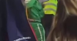 The bus driver appeared to be punched in the face by the man in the green jumpsuit (pictured)
