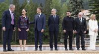 During a group photograph of the gathered leaders in the mountaintop Canadian town of Kananaskis on Wednesday, Anthony Albanese towered over his peers (pictured)