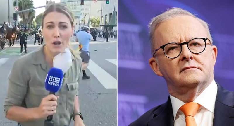 Anthony Albanese's brutal message to Trump after Nine News reporter was shot with rubber bullets while covering protests in Los Angeles: 'Horrific'