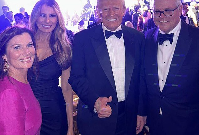 Former Prime Minister Scott Morrison has slammed Anthony Albanese for failing to speak publicly for almost 24 hours on the US strike on Iranian nuclear facilities (pictured: Jenny Morrison, Melania Trump, Donald Trump and Scott Morrison)