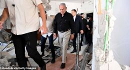 BAT YAM, ISRAEL  JUNE 15: (----EDITORIAL USE ONLY  MANDATORY CREDIT - 'AVI OHAYON / GPO / HANDOUT' - NO MARKETING NO ADVERTISING CAMPAIGNS - DISTRIBUTED AS A SERVICE TO CLIENTS----) Israeli Prime Minister Benjamin Netanyahu inspects demolished apartment buildings following Iran's launch of a ballistic missile attack against Israel in Bat Yam on June 15, 2025. (Photo by Avi Ohayon (GPO) / Handout/Anadolu via Getty Images)