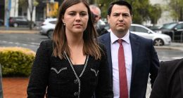 Brittany Higgins is pictured alongside her husband David Sharaz. The two have sold a French chateau they purchased with the proceeds of a $2.4million Commonwealth settlement