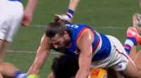 Commentator Brian Taylor couldn't help himself when Seven aired a slow-motion replay of Bulldogs star Marcus Bontempelli being hit where it hurts when he fell on the ball during the match against St Kilda on Thursday night (pictured)