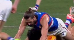 Commentator Brian Taylor couldn't help himself when Seven aired a slow-motion replay of Bulldogs star Marcus Bontempelli being hit where it hurts when he fell on the ball during the match against St Kilda on Thursday night (pictured)
