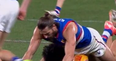 Commentator Brian Taylor couldn't help himself when Seven aired a slow-motion replay of Bulldogs star Marcus Bontempelli being hit where it hurts when he fell on the ball during the match against St Kilda on Thursday night (pictured)