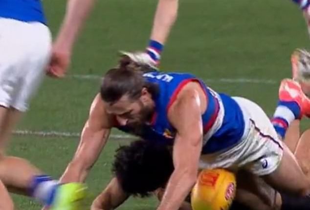 Commentator Brian Taylor couldn't help himself when Seven aired a slow-motion replay of Bulldogs star Marcus Bontempelli being hit where it hurts when he fell on the ball during the match against St Kilda on Thursday night (pictured)