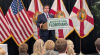 Florida Gov. Ron DeSantis speaking the USF Health Morsani Center for Advanced Healthcare in Tampa on June 25, 2025. (Photo by Mitch Perry/Florida Phoenix)