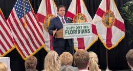 Florida Gov. Ron DeSantis speaking the USF Health Morsani Center for Advanced Healthcare in Tampa on June 25, 2025. (Photo by Mitch Perry/Florida Phoenix)