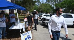 Josh Weil campaigning in Palm Coast on the last day of the special election  for a congressional seat last April 1, which he lost to Randy Fine. (© FlaglerLive)