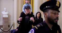 Elon Musk on Capitol Hill last month with son X; Katie Miller stands behind him