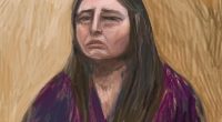 A court sketch drawn from a video link shows Erin Patterson giving evidence in her own homicide trial at the Latrobe Valley Magistrates Court in Morwell, Victoria, Monday, June 2, 2025.  (AAP Image/Anita Lester) NO ARCHIVING