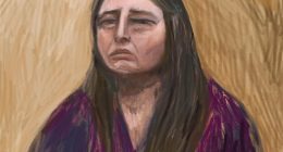 A court sketch drawn from a video link shows Erin Patterson giving evidence in her own homicide trial at the Latrobe Valley Magistrates Court in Morwell, Victoria, Monday, June 2, 2025.  (AAP Image/Anita Lester) NO ARCHIVING