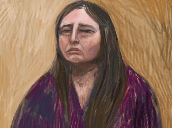 A court sketch drawn from a video link shows Erin Patterson giving evidence in her own homicide trial at the Latrobe Valley Magistrates Court in Morwell, Victoria, Monday, June 2, 2025.  (AAP Image/Anita Lester) NO ARCHIVING