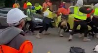An altercation in Castle Hill saw over 20 tradies pushing and shoving each other (pictured)