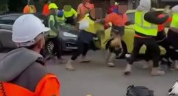 An altercation in Castle Hill saw over 20 tradies pushing and shoving each other (pictured)