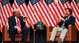 Republican presidential nominee and former U.S. President Donald Trump participates in a fireside chat with Tucker Carlson