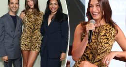 Hailey Bieber walks on the wild side in faux fur leopard-print minidress