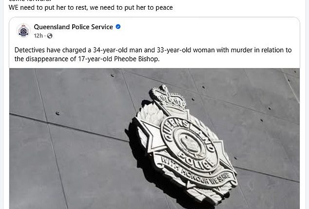 Kylie Johnson took to Facebook to mark three weeks since her 'Phee Phee' disappeared just moments before she received tragic confirmation from Queensland Police that her daughter was never coming home (her updated post is pictured)