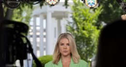 White House press secretary Karoline Leavitt does a television interview at the White House, Monday, June 2, 2025, in Washington