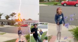 Lightning bolt strikes just behind child during California thunderstorms