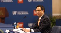 Santa Ono takes questions from University of Florida trustees before they unanimously approved him as the school’s president-elect on May 27, 2025. He was rejected by the state Board of Governors on June 3, 2025. (Photo courtesy UF)