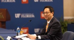 Santa Ono takes questions from University of Florida trustees before they unanimously approved him as the school’s president-elect on May 27, 2025. He was rejected by the state Board of Governors on June 3, 2025. (Photo courtesy UF)