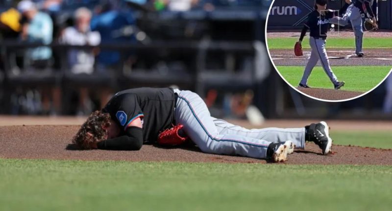 Marlins’ Ryan Weathers gets drilled in the head by own catcher in scary moment