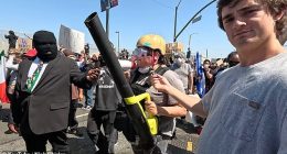 A rioter was trolled on social media for resembling a 'Despicable Me' character with her tactical gear and wind blower (pictured with Nick Shirley, right)