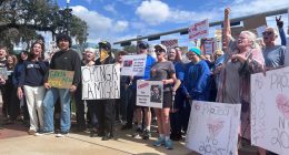 Anti-Trump protesters stand in front of the Florida Historic Capitol on Feb. 5, 2025. (Photo by Jackie Llanos/Florida Phoenix)