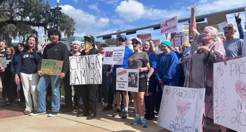 Anti-Trump protesters stand in front of the Florida Historic Capitol on Feb. 5, 2025. (Photo by Jackie Llanos/Florida Phoenix)