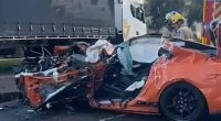 A passenger has died after a V8 Mustang crashed into a parked truck on Dunmore Drive, in Truganina, Melbourne about 1am on Wednesday