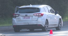 A 34-year-old passenger of a Subaru sedan (pictured) has been been arrested of he stabbed a 40-year-man following a two-vehicle collision in Neath, NSW