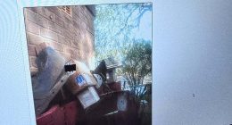 The man shared a photo of his abandoned package perched on top of a pile of old furniture leaning against a brick building (pictured)