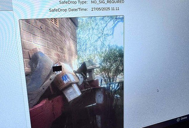 The man shared a photo of his abandoned package perched on top of a pile of old furniture leaning against a brick building (pictured)