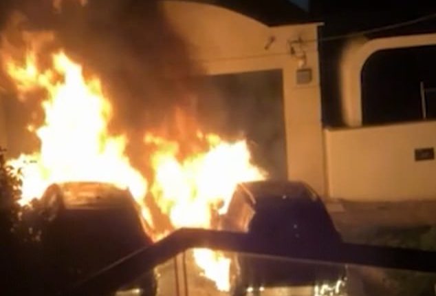 CCTV shows the vehicles parked in Russell Lea explode, as part of a targeted arson attack
