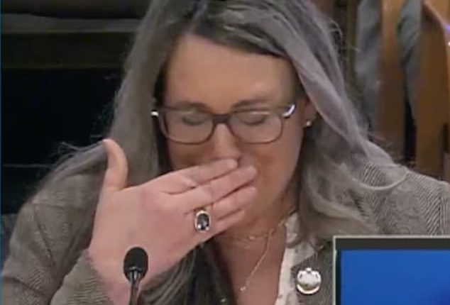 Rep. Darcey Edwards, a Republican, is seen crying while sharing an impassioned account of her searching for her son, who was once a drug addict living on the streets in Portland as a way to advocate for a new system that would allow the homeless youth population a chance to 'call your mom'