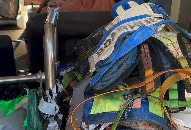 Inside the bus where one of Pheobe Bishop's accused murders, Tanika Bromley, lived was filled with rubbish and clothing (right)