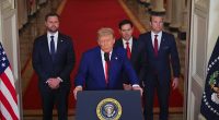 President Donald Trump (center left) gave brief remarks about the U.S.'s strikes in Iran alongside (from left) Vice President J.D. Vance, Secretary of State Marco Rubio and Defense Secretary Pete Hegseth