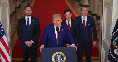 President Donald Trump (center left) gave brief remarks about the U.S.'s strikes in Iran alongside (from left) Vice President J.D. Vance, Secretary of State Marco Rubio and Defense Secretary Pete Hegseth