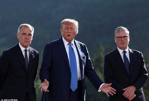 President Donald Trump (center) explained his decision to leave the G7 Summit early alongside Canadian Prime Minister Mark Carney (left) and British Prime Minister Keir Starmer (right). 'You probably see what I see and I have to be back as soon as I can,' he said Monday night