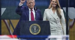 President Donald Trump (left) and first lady Melania Trump (right) attended Saturday's 250th anniversary parade for the U.S. Army, which coincides with the president's 79th birthday