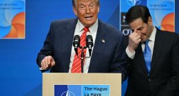President Donald Trump (left) appeared to like being called 'daddy' as he was referred to at Wednesday's NATO Summit in the Hague by Secretary General Mark Rutte. Secretary of State Marco Rubio (right) broke character when asked about Rutte's 'daddy' comment