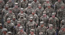 US Army Mountain division combat soldiers march during the Army 250th Anniversary Parade in Washington, DC on June 14, 2025