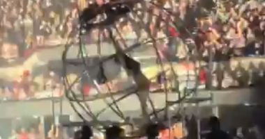 Watch the moment Katy Perry almost FALLS as prop tilts in the air just a day after Beyonce suffered scary stage moment