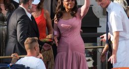 Oprah was worried about falling as she boarded the taxi boat that would take her to the luxurious $20 million wedding on Friday, also demanding that the porter let her 'wave' before she stepped on board